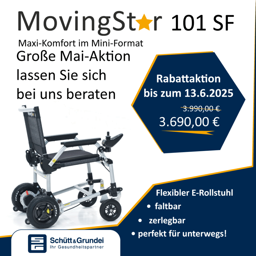Rabatt Werbepanel E Rollstuhl Ansicht von schräg hinten mit großer Überschrift MovingStar 101 SF. Grafische Elemente in Schütt & Grundei Blau mit senfgelbem Kantenakzent. Flexibler E-Rollstuhl galtbar, zerlegbar, perfekt für unterwegs