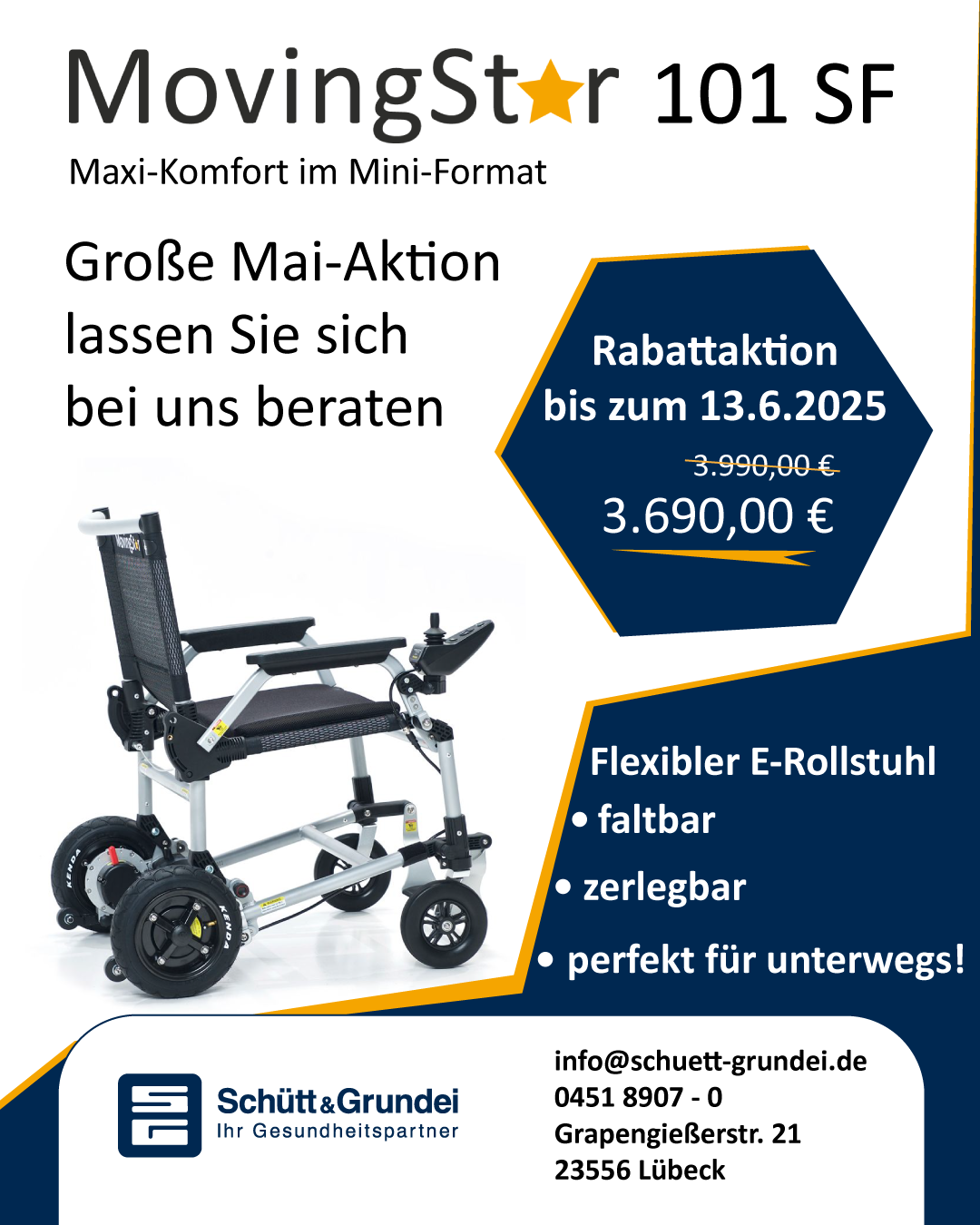 Rabatt Werbepanel E Rollstuhl Ansicht von schräg hinten mit großer Überschrift MovingStar 101 SF. Grafische Elemente in Schütt & Grundei Blau mit senfgelbem Kantenakzent. Flexibler E-Rollstuhl galtbar, zerlegbar, perfekt für unterwegs